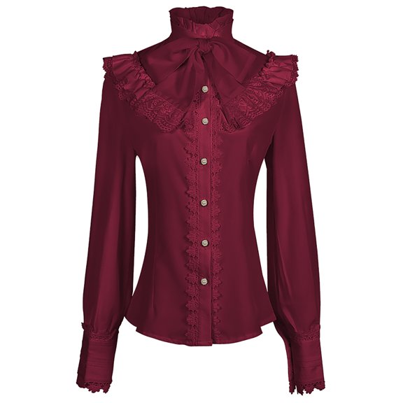 Uootdi Women's Victorian Gothic Blouse High Neck Ruffle Lace Trim Button Up Long Sleeve Steampunk Retro Vintage Fall Evening Party Top Red Women Tops