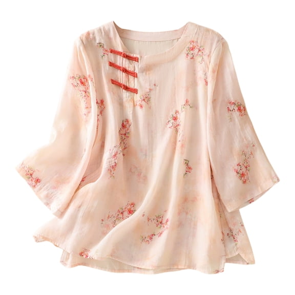 Uootdi Women's Vintage Cotton Linen Tops Summer Chinese-Style Shirt Button Blouses Traditional Mandarin Gifts for Her Embroidered Shi rts