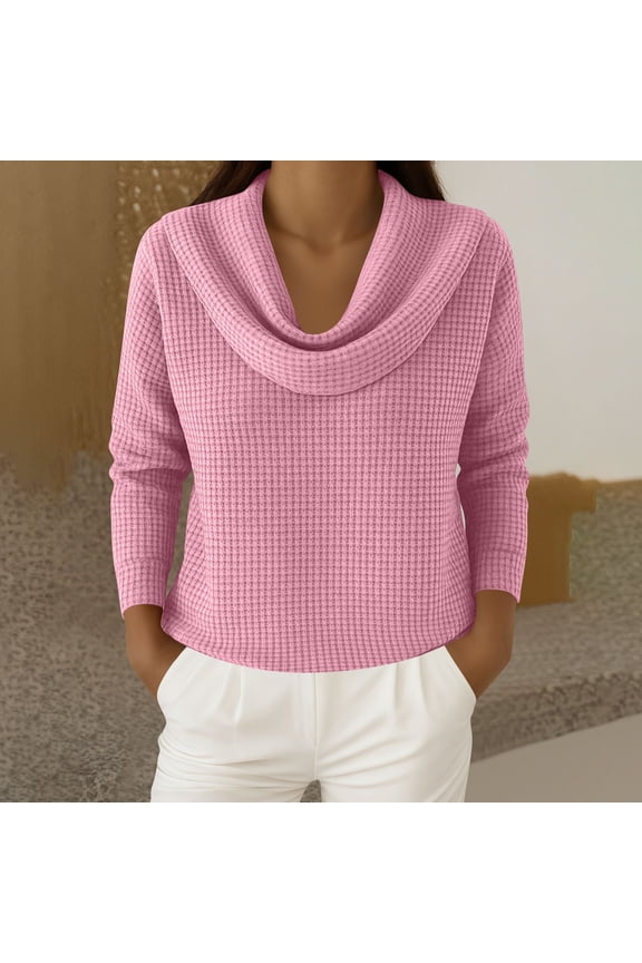 Women's Waffle Knit Tops Cowl Neck Long Sleeve Clothes Trendy Casual Loose Relaxed Fit Knit Pullover Gift