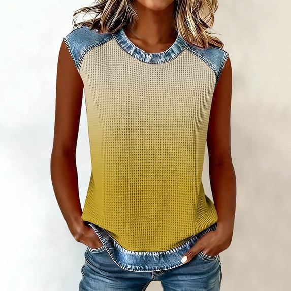 Uootdi Women's Waffle Knit Tops Crew Neck Denim Trim Ombre Pattern Sleeveless Blouses Stylish Lightweight Relaxed Tops Gift