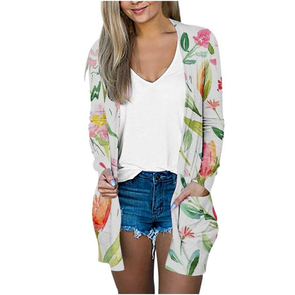 Uootdi Women's Watercolor Floral Cardigan Open Front Long Sleeve Pockets Casual Loose Fit Lightweight Fall Fashion Outerwear Trendy Botanical Print Sweater Pink Women Top