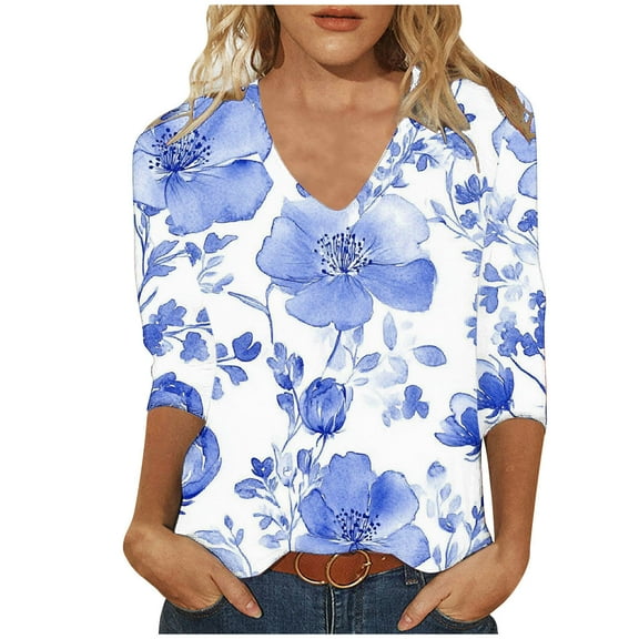 Uootdi Women's Watercolor Floral Print V Neck Top 3/4 Sleeve Casual Summer Shirt Loose Fit Breathable Daily Wear Multicolor Womens Tops
