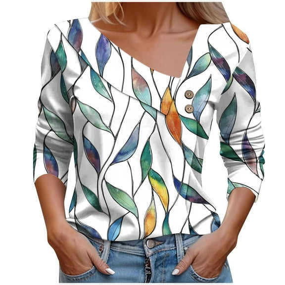 Uootdi Women's Watercolor Leaf Print Asymmetric Neckline Top Button Detail Casual 3/4 Sleeve Trendy Fall Blouse Green Women Tops