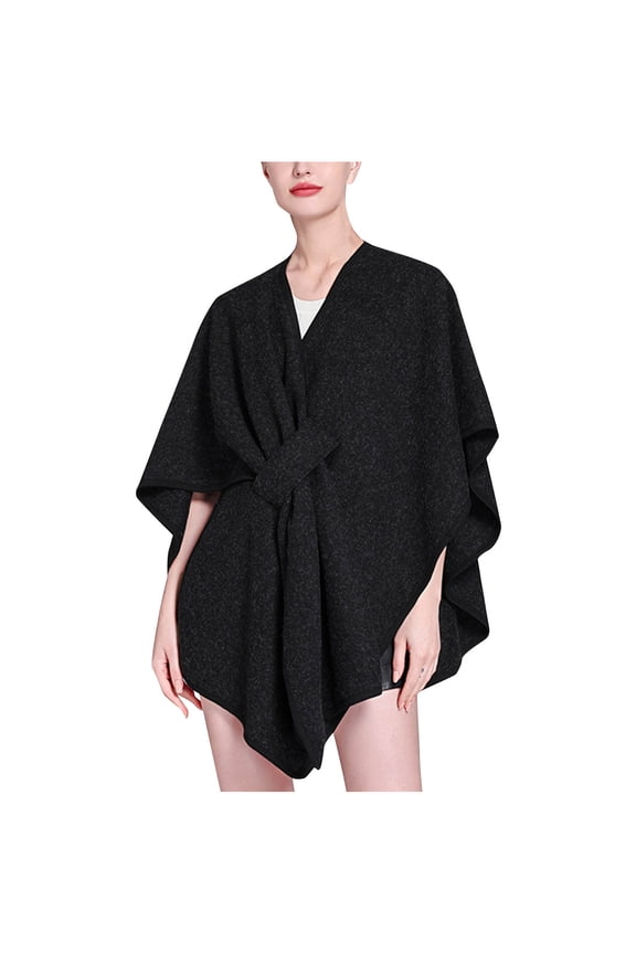 Women's Wrap Poncho Sweater Belted Asymmetric Hem Knit Cape Loose Fit Casual Fall Winter Fashion Outerwear Warm Shawl Cardigan Black Women Top