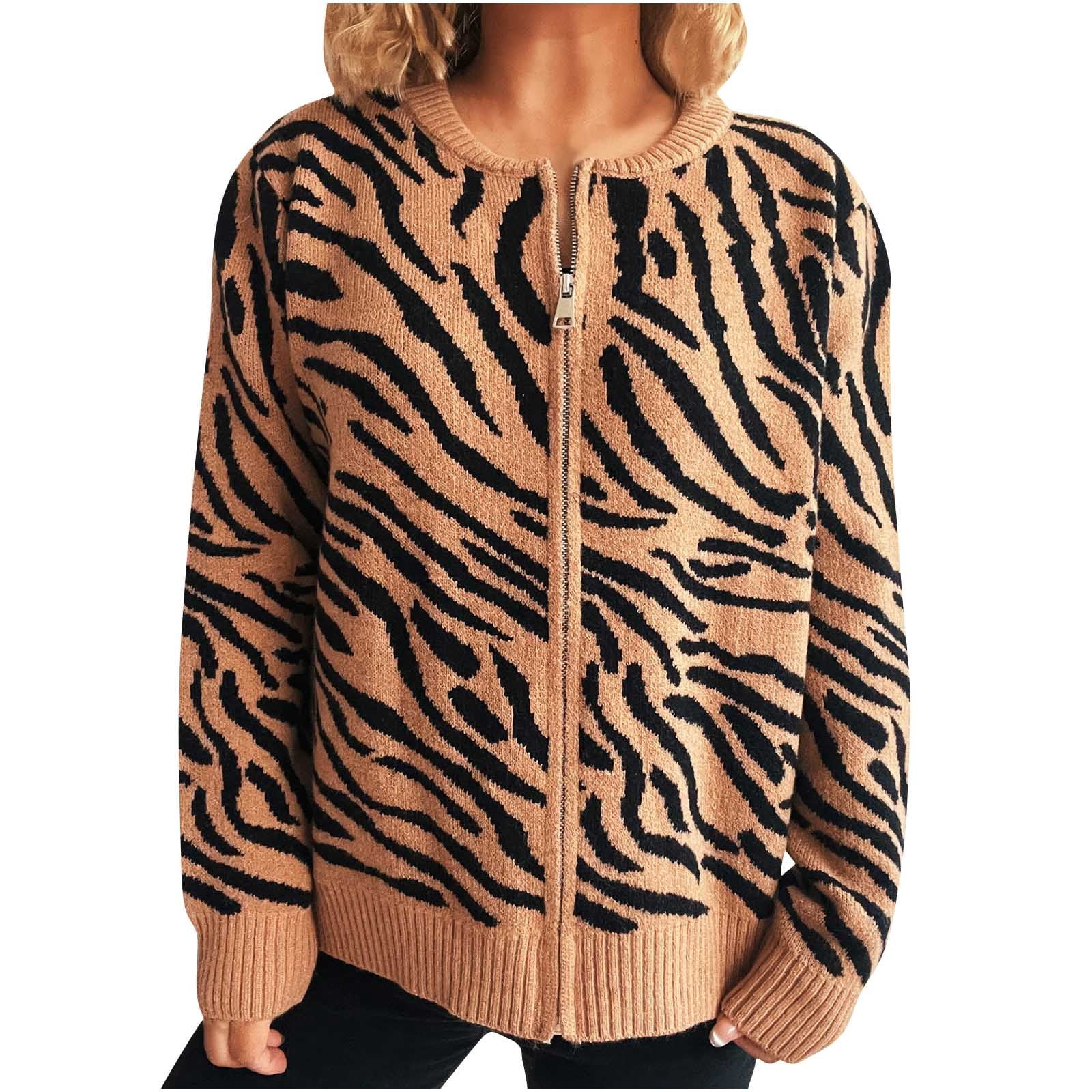 Uootdi Women's Zebra Print Cardigan Sweater Full Zip Up Knit