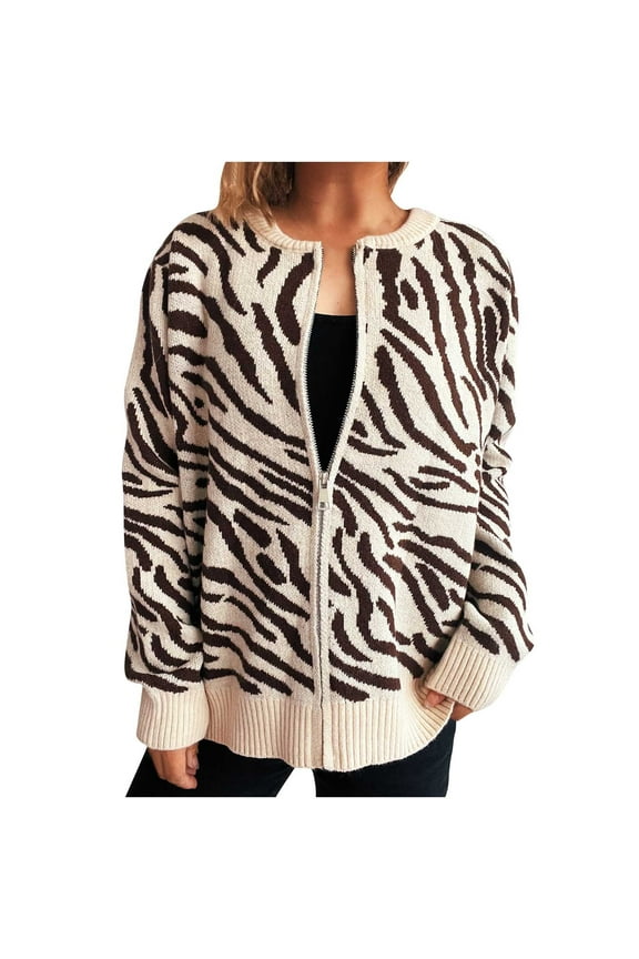 Women's Zebra Print Cardigan Sweater Full Zip Up Knit Jacket Casual Loose Fit Long Sleeve Fall Winter Outwear Trendy Animal Pattern Top Soft Comfy Fabric