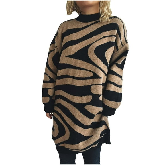 Uootdi Women's Zebra Print Sweater Dress Mock Neck Long Sleeve Knit Pullover Casual Loose Fit Midi Length Fall Winter Outwear Trendy Animal Pattern Top Soft Comfy Fabric