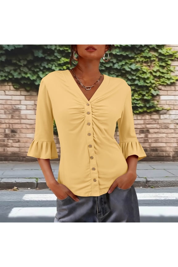 Womens 3/4 Length Sleeve Tops Casual V Neck Button Down Business Dressy Blouses Spring Summer Trendy Cute Work Shirts Gift
