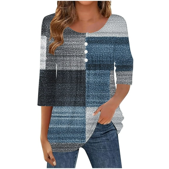 Uootdi Womens 3/4 Length Sleeve Tops Dressy Casual Summer Pleated Front T Shirts Round Neck Business Work Tunic Blouses Navy Womens Tops