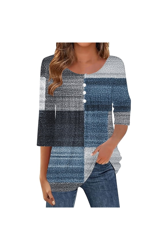 Womens 3/4 Length Sleeve Tops Dressy Casual Summer Pleated Front T Shirts Round Neck Business Work Tunic Blouses Navy Womens Tops