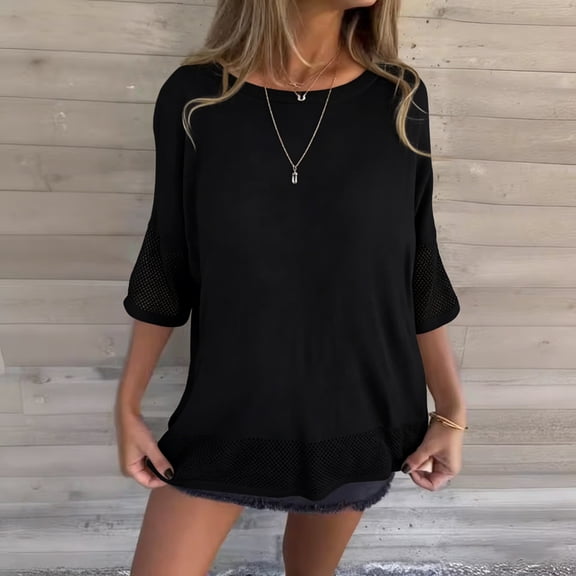 Uootdi Womens 3/4 Sleeve Short Sleeve Shirts Trendy Eyelet Trim Patchwork Dressy Tops Casual Plain Crew Neck Vacation Tunic Blouses Gift