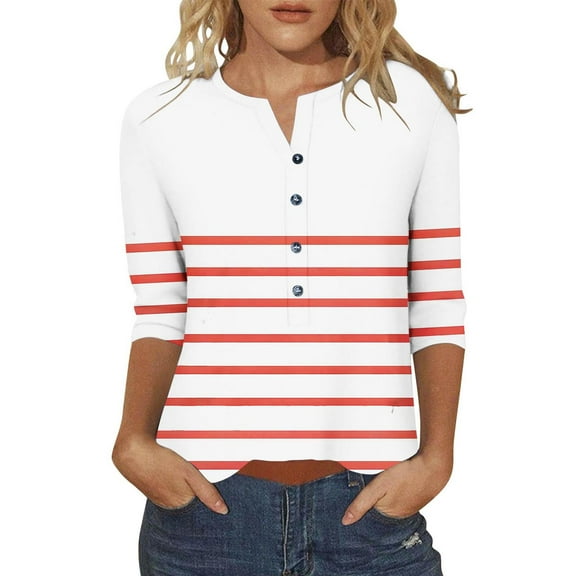 Uootdi Womens 3/4 Sleeve T Shirts Summer Tops Trendy V Neck Button Pinstripe Down Shirts Basic Tees Summer Outfits Red Womens Tops
