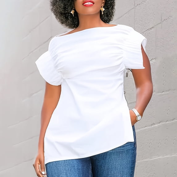 Uootdi Womens Asymmetrical Tops Side Zipper Ruched Short Sleeve Loose Fit Stretchy Breathable Blouses Summer Casual Style Gift