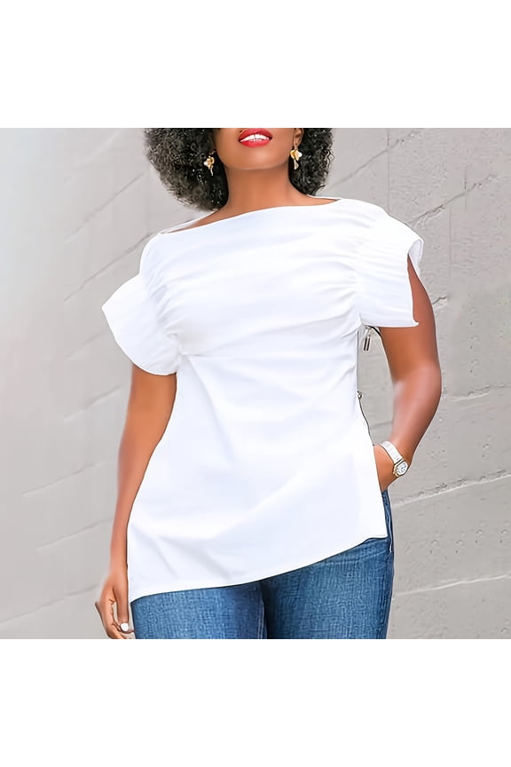 Womens Asymmetrical Tops Side Zipper Ruched Short Sleeve Loose Fit Stretchy Breathable Blouses Summer Casual Style Gift