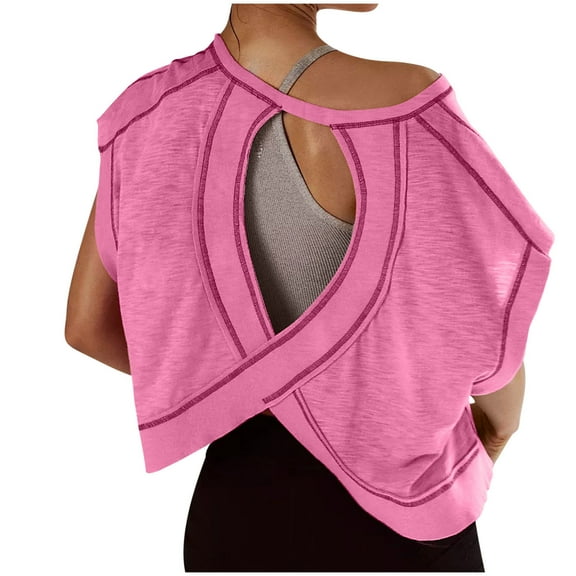 Uootdi Womens Athletic Tops Back Cut Out Cross Design Batwing Sleeve Loose Fit Breathable Pullovers Casual Workout Shirts Gift