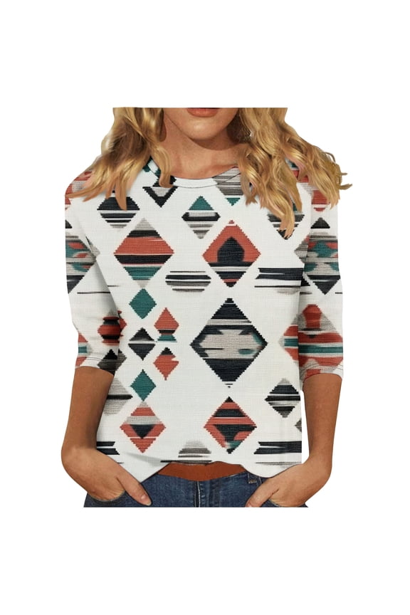 Womens Aztec Shirts 3/4 Sleeve Tops Plus Size Dressy Casual Fit Tshirts Graphic Tees Tshirts Tunic Multicolor Womens Tops