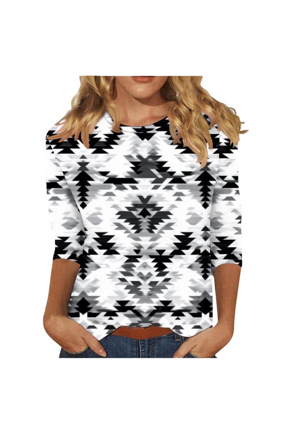 Womens Aztec Shirts Summer 3/4 Sleeve Tops Plus Size Dressy Casual Loose Fit Tshirts Graphic Tees Tshirts tops Multicolor Womens Tops