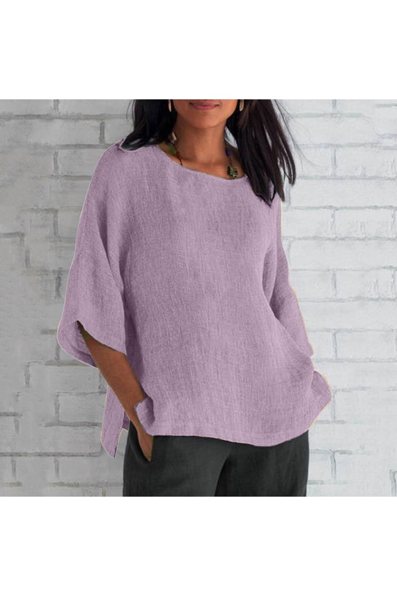Womens Batwing Sleeve Tops Side Split Linen Fabric Loose Fit Stretchy Breathable Blouses Casual Lagenlook Style Gift