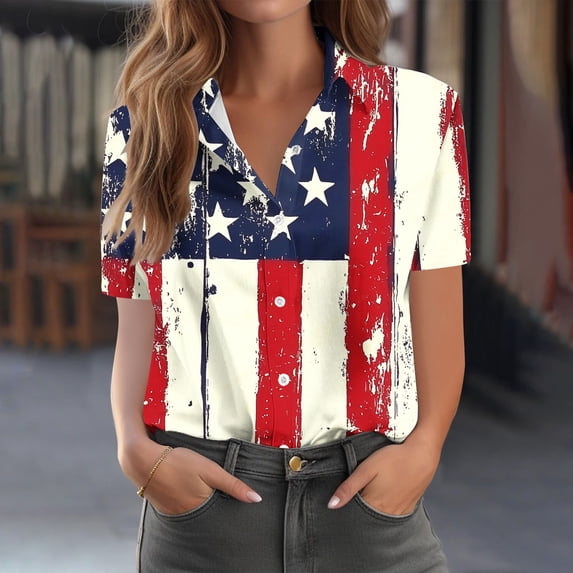 Uootdi Womens Blouses American Flag Star Stripes Print Short Sleeve Button Down Loose Fit Breathable Soft Pullovers 4th Of July Patriotic Blouses Holiday Style Gift