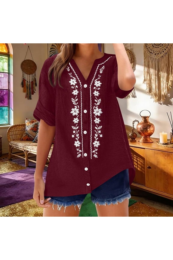 Womens Blouses Short Sleeve V Neck Floral Embroidery Button Front Weekend Outings Casual Daily Lightweight Tops Gift
