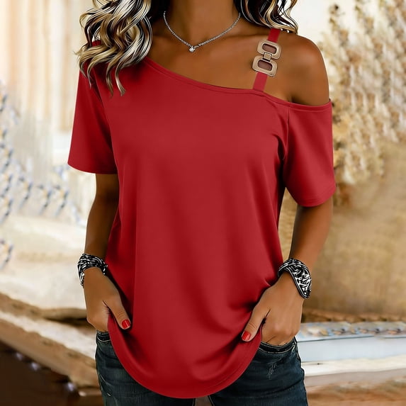Uootdi Womens Blouses Solid Color V Neck Button Front Loose Fit Short Sleeve Lightweight Tops T Shirts Street Style Outfit Gift