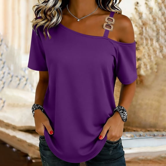 Uootdi Womens Blouses Solid Color V Neck Button Front Loose Fit Short Sleeve Lightweight Tops T Shirts Street Style Outfit Gift