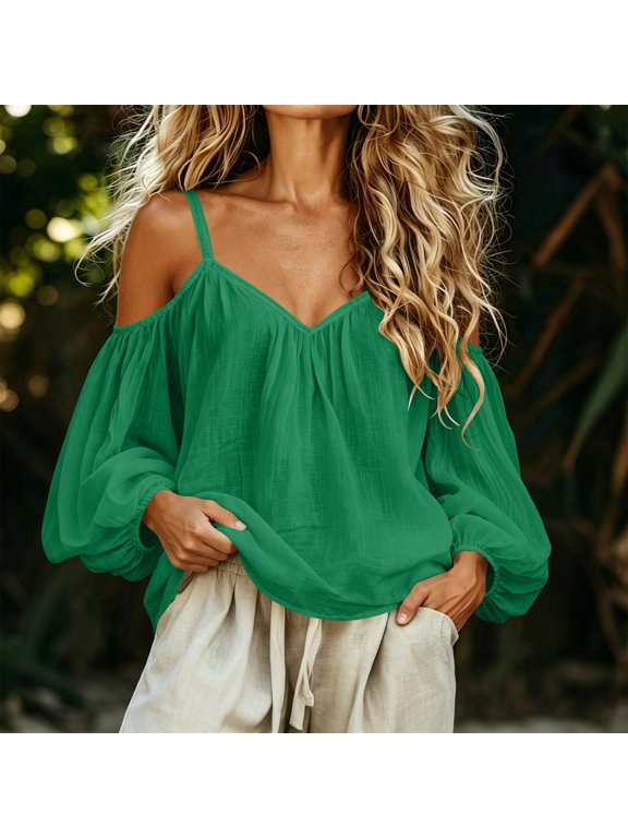 Womens Blouses Spaghetti Strap Off Shoulder Puff Long Sleeve Gathered Bust Plain Womens Tees Relaxed Fit Going Out Soft Womens Casual Tops