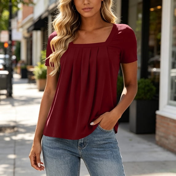 Uootdi Womens Blouses Square Neck Short Sleeve Gathered Bust Curved Hem Womens Tops Relaxed Fit Daily Flowy Casual Shirts