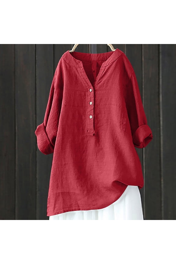 Womens Blouses V Neck Half Button Down Linen Roll Up Sleeve Loose Fit Breathable Pullovers Casual Daily Tops Boho Vacation Style Gift