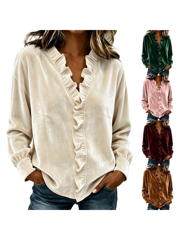 Womens Blouses V Neck Ruffle Trim Velvet Long Sleeve Bubble Cuff Curved Hem Loose Fit Womens Tops Elegant Party Womens Shirts