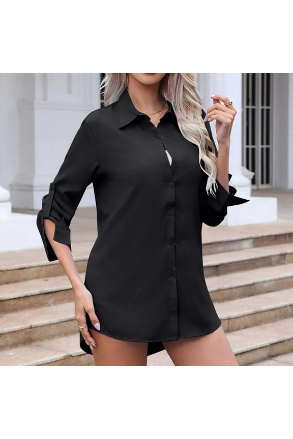 Womens Button Down Long Sleeve Shirt V Neck Business Dress Slim Fitted Classic Shirts Casual Loose Roll Up Gift Work Blouse