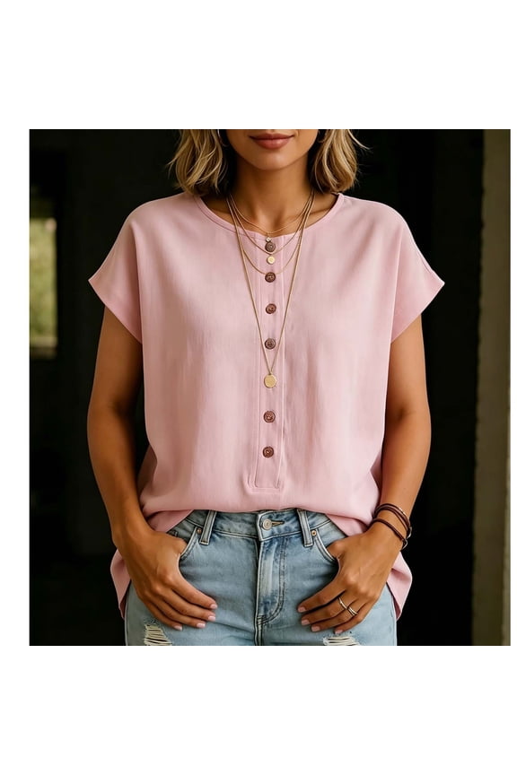 Womens Casual Henley Tops Short Sleeve Round Neck with Button Front Detail Everyday Chic Style Soft Comfortable Loose Fit Blouses Gift