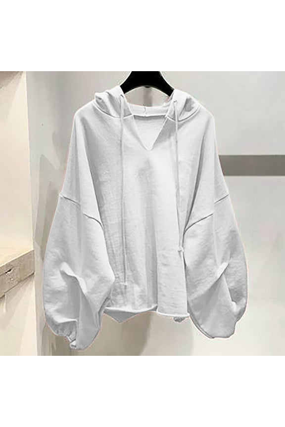Womens Casual Hoodies Puff Sleeve Sweatshirts V Neck Drawstring Loose Fit Pullover Top Solid Color Fall Clothes Gift