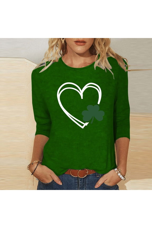 Womens Casual Tops Crew Neck Tees Irish Green Print Graphic 3/4 Sleeve Breathable St Patrick's Day Celebration Shirts Gift