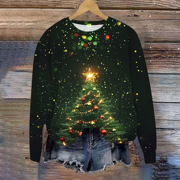 Uootdi Womens Christmas Long Sleeve Crew Neck Sweatshirts Funny Xmas Tree Print Casual Tops Fashion Loose Fall Outfits Gift