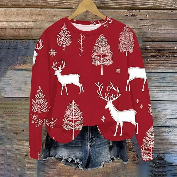 Uootdi Womens Christmas Long Sleeve Crew Neck Sweatshirts Funny Xmas Tree Print Casual Tops Fashion Loose Fall Outfits Gift