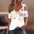 thumbnail image 1 of Uootdi Womens Cold Shoulder Tops V Neck Short Sleeve Floral Print Blouses Casual Loose Lightweight Soft Comfy Summer Vacation Wear Shirts Gift, 1 of 5