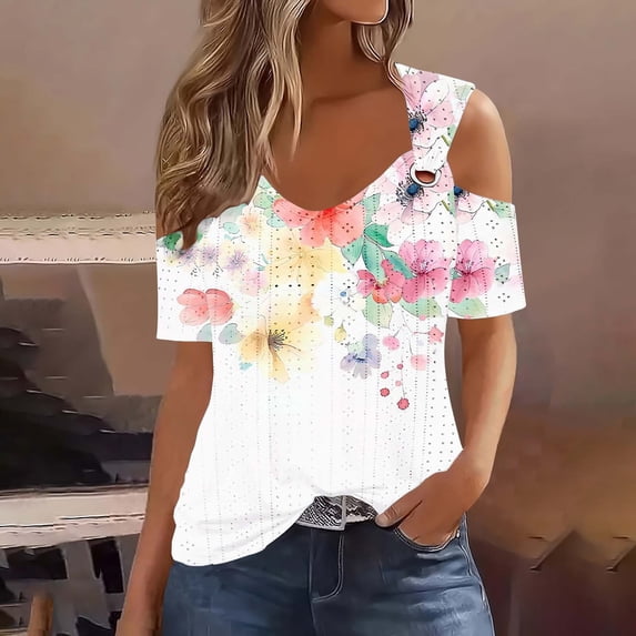 Uootdi Womens Cold Shoulder Tops V Neck Short Sleeve Floral Print Blouses Casual Loose Lightweight Soft Comfy Summer Vacation Wear Shirts Gift
