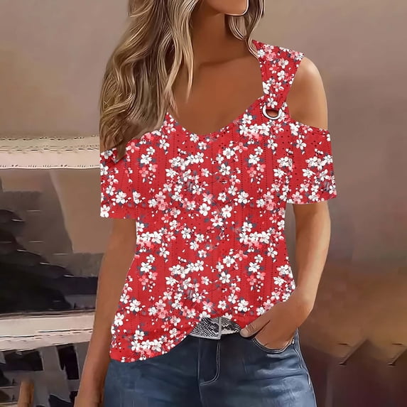 Uootdi Womens Cold Shoulder Tops V Neck Short Sleeve Floral Print Blouses Casual Loose Lightweight Soft Comfy Summer Vacation Wear Shirts Gift