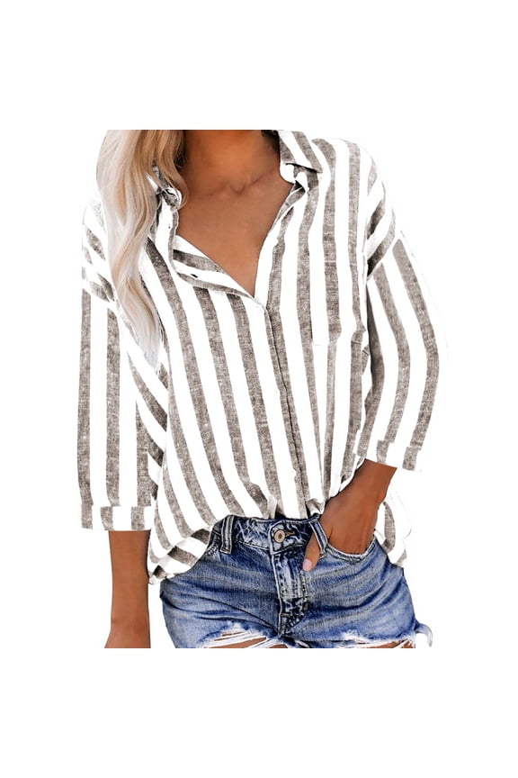 Womens Cotton Linen Striped Button Down 3/4 Sleeve Shirts V Neck Collared Blouse Tops Trendy Vacation Work Gift Clothes