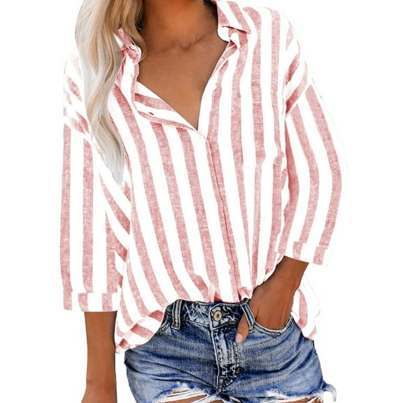 Uootdi Womens Cotton Linen Striped Button Down 3/4 Sleeve Shirts V Neck Collared Blouse Tops Trendy Vacation Work Gift Clothes