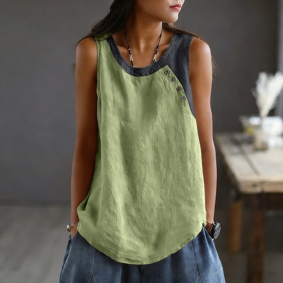 Uootdi Womens Cotton Linen Tanks Tops Sleeveless Contrast Neck Side Button Shirts Relaxed Fit Casual Boho Summer Vacation Outfits Gift