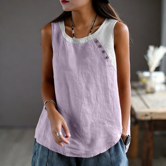 Uootdi Womens Cotton Linen Tanks Tops Sleeveless Contrast Neck Side Button Shirts Relaxed Fit Casual Boho Summer Vacation Outfits Gift