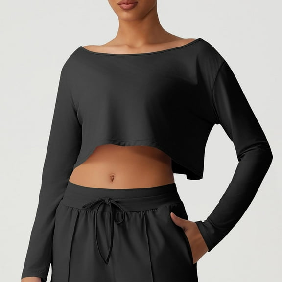 Uootdi Womens Cropped Long Sleeve Shirt Loose Fit Scoop Neck Off Gift Shoulder Top Cute Y2k Pullover Lightweight Workout Shirt Ca sual