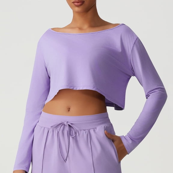 Uootdi Womens Cropped Long Sleeve Shirt Loose Fit Scoop Neck Off Gift Shoulder Top Cute Y2k Pullover Lightweight Workout Shirt Ca sual