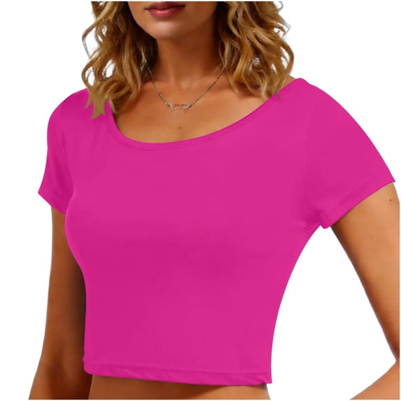 Uootdi Womens Cropped Tees Short Sleeve Crewneck Solid Color Slim Fit Gym Workout Casual Outings Tops Blouses Gift