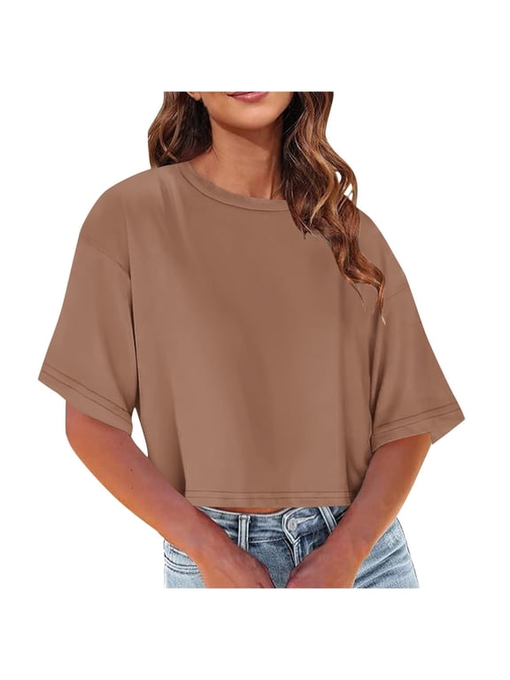 Womens Cropped Tops Oversized Short Sleeve Crew Neck Casual Loose Fit Lightweight Basic Trendy Summer Tees Gift