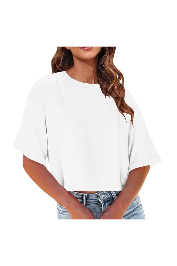 Womens Cropped Tops Oversized Short Sleeve Crew Neck Casual Loose Fit Lightweight Basic Trendy Summer Tees Gift