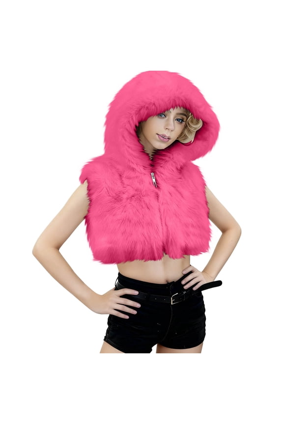 Womens Cropped Y2k Vest Fuzzy Fleece Turn Down Collar Zipper Vest Warm Winter Sleeveless Jacket