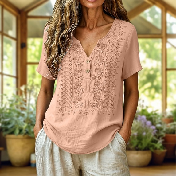 Uootdi Womens Embroidered Blouses Short Sleeve Split Neck with Floral Embroidered Placket Retro Chic Style Soft Comfortable Everyday Tops Gift